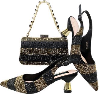 Generic Women Heel Party Ladies Design Shoes and Bag Set Decorated with Rhinestone Wedding Party Black Gold