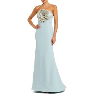 Mac Duggal Strapless 3D Rhinestone Flower Detail Crepe Gown in Powder Blue at Nordstrom, Size 12