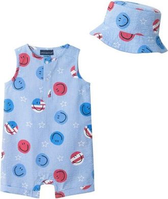 Andy & Evan Cotton Seersucker Romper & Hat Set in Blue America at Nordstrom, Size 18-24M