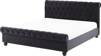 Beliani Beliani - Cama Doble Tapizada En Terciopelo Negro 160 X 200 Cm Con Cabecero Acolchado Estilo Glam Avallon
