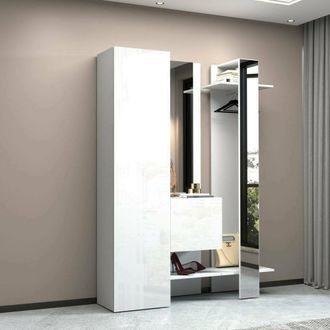 Dmora Mueble De Entrada Vilmaro, Armario Multifuncional Con 2 Puertas, Perchero De Pared Con 2 Espejos, 140x35h190 Cm, Blanco - Dmora