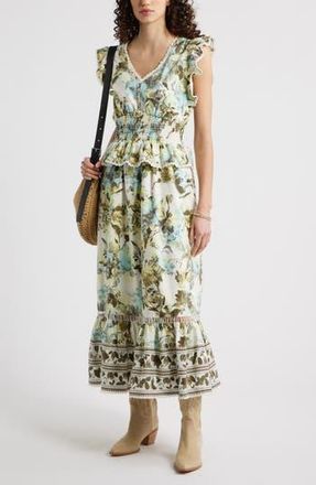 Treasure & Bond Floral Flutter Sleeve Peplum Dress in Ivory- Yellow Rose Border at Nordstrom Rack, Size Xx-Small