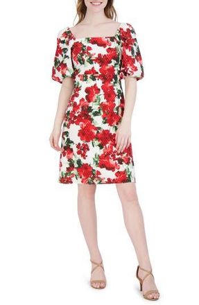 Julia Jordan Floral Puff Sleeve Fit & Flare Dress in Ivory/red at Nordstrom Rack, Size 12