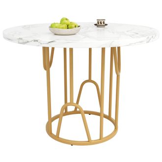 STILVORA Mesa De Comedor Redonda En Mdf Y Metal Con Motivo Marmoleado, Patas Ajustables Y Marco De Metal - 80&times;80&times;76 Cm, Dorado