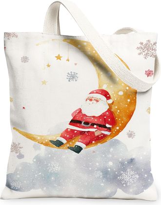 Generic Fanciful Santa Canvas Tote Bags, Festive Holiday Design Reusable Grocery Bags, Lightweight Washable Shoulder Strap Canvas for Shopping Travel 13x15 In