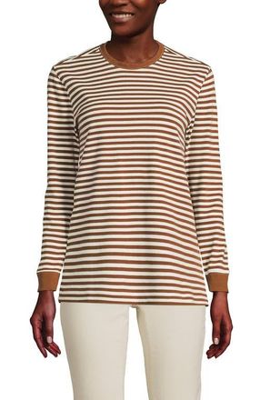 Lands End Long Sleeve Cotton Interlock Crew T-Shirt in Rich Ginger/ivory Stripe at Nordstrom, Size X-Small