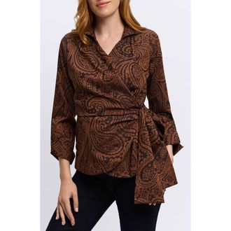 Foxcroft Saline Paisley Jacquard Wrap Top in Macchiato/black at Nordstrom Rack, Size X-Large
