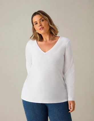Live Unlimited London Womens White Cotton Slub V-Neck Long Sleeve T-Shirt - Size: 14