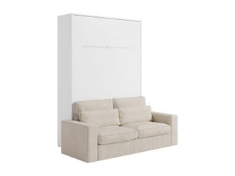 Vente-Unique Cama abatible 160 x 200 cm - Apertura vertical manual - Con LEDs - Blanco + Sof&aacute; - RAPILI