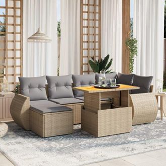 vidaXL Vidaxl - Set Sof&aacute;s De Jard&iacute;n 7 Piezas Y Cojines Rat&aacute;n Sint&eacute;tico Beige