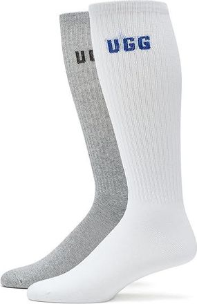 UGG Leander Logo Crew 2 Pack Mens Quarter Length Socks Shoes Regal Blue/Grey Heather, Cotton/Polyester