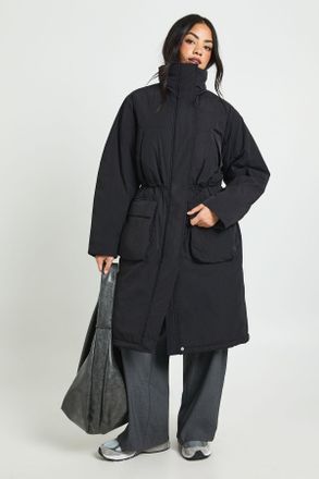 Boohoo Womens Cinched Waist Longline Parka - Black Nylon - Size 12 UK