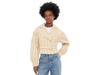 Avec Les Filles Cropped Belted Trench Coat Womens Jacket Pastel Floral Stripe : SM, Cotton/Polyester