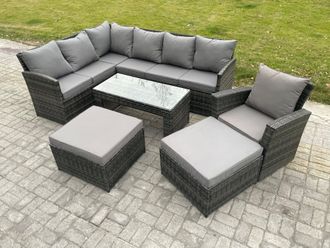 Fimous Rattan Garden Furniture Sets High Back Corner Sofa Oblong Coffee Table Set with 2 Big Footstool Armchair Dark Grey Mixed