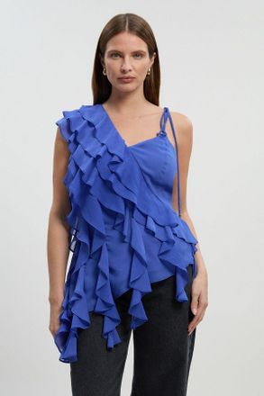 Karen Millen Womens Ruffle detail chiffon asymmetric blouse - Navy - Size 10 UK