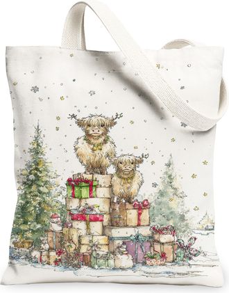 Generic Christmas Animal Canvas Tote Bags, Highland Cattle Design Reusable Grocery Bags, Lightweight Washable Canvas for Travel Bea, White, 13x15 Inch