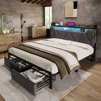Merax Grey LED Storage Bed with Charging Headboard & Drawers | Size: Single