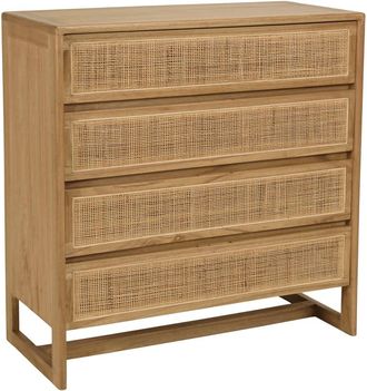 Macabane C&oacute;moda de 4 cajones, 90 cm, de madera de mindi y rat&aacute;n natural