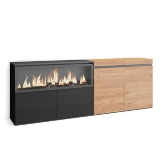 Skraut Home Aparadores Para Sal&oacute;n, Gran Capacidad De Almacenaje, 210, 4 Puertas, Chimenea El&eacute;ctrica Xxl, Estilo Moderno, Roble Y Negro - Skraut Home
