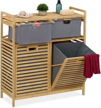 Relaxdays Relaxdays - Laundry Basket Rack, 2 Fabric Hampers, 40 l Each, 2 Drawers, Bamboo, Washing Sorter, 95x88x33 cm, Natural/Grey