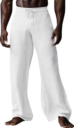 Generic Mens Casual Linen Pants Summer Relaxed Fit Bell Bottom Pants Elastic Waist Drawstring Lightweight Beach Yoga Linen Trousers Comfort Wide Leg Flared Tr