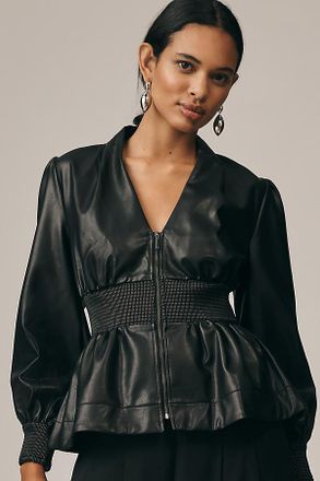 Maeve The Tommie Long-Sleeve Faux Leather Smocked Front-Zip Blouse