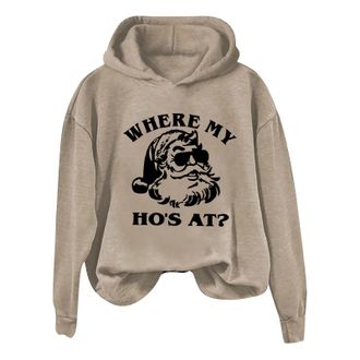 Generic Womens Santa Print Where My Hos At Letter Print Hoodie Crewneck Pullover Hoodie Christmas Sweatshirt Hoodies Women Xmas Hooded Top (Khaki, M)