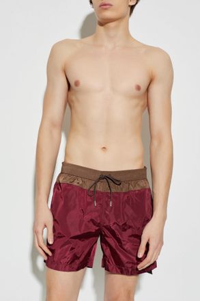 Moncler Swim Shorts With Logo Patch, Mens, Burgundy