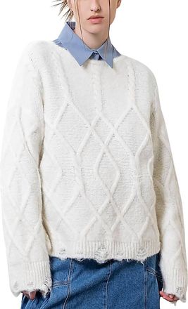 Moon River Destroyed Cable Sweater In White