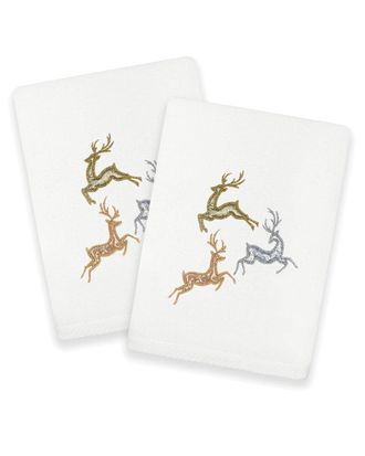 Linum Home Textiles Christmas Leaping Deer - Embroidered Luxury Set Of 2 Turkish Cotton Hand Towels