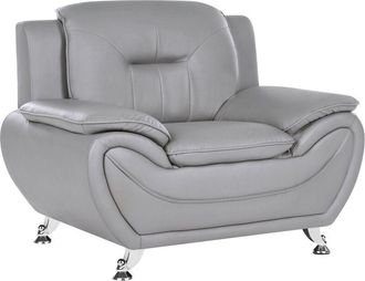 Beliani Armchair Grey Vegan Eco Leather Pillow Top Arms Silver Metal Legs Easy Clean Modern Glam Style Living Room LEIRA