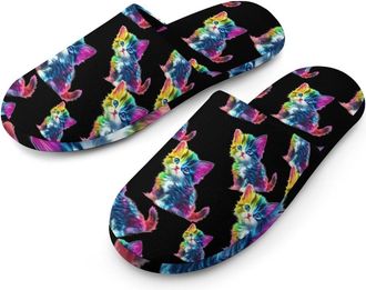 Generic Rainbow Cute Cat Flannel Mens Slip-on Slippers Winter Warm House Shoes with Rubber Sole for Home Hotel