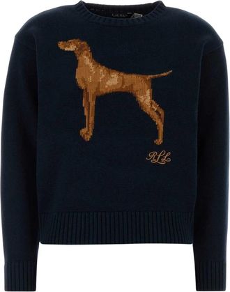 Ralph Lauren Intarsia-gebreide Vizsla Trui - Dames - Ronde hals truien - Blauw - L - Katoen - Truien & Vesten