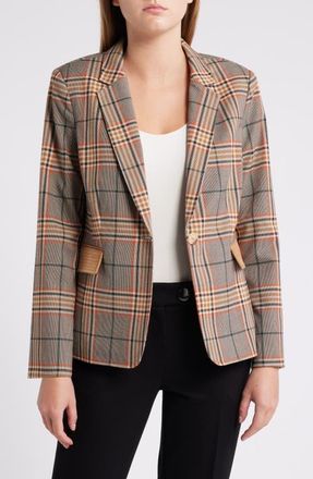 Tahari by ASL Faux Suede Trim Plaid Jacket in Cognac Black at Nordstrom, Size 2