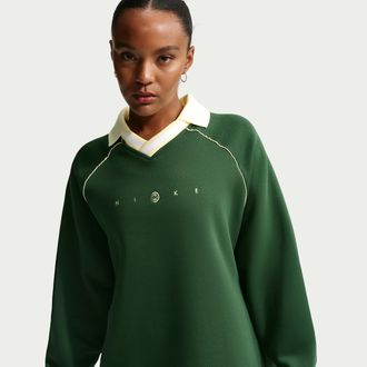 Nike Womens Nike Sportswear Phoenix Fleece Oversized Graphic Polo Top in Green | IF0256-323
