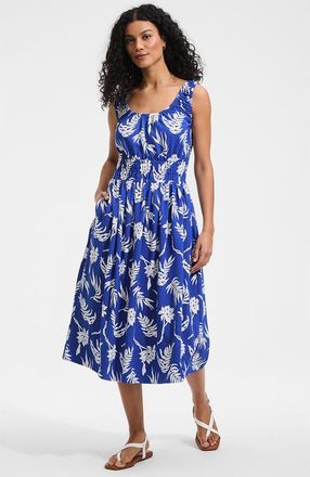 Lands End Sleeveless Poplin Smocked Midi Dress in Vibrant Lapis Tropic Floral at Nordstrom, Size X-Large P