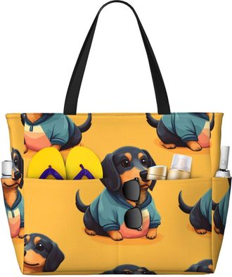 Generic Cute Dachshund Print Large Beach Bag Foldable Travel Shoulder Tote Bag With Pocket For Weekender Pool Vacation