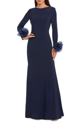 Mac Duggal Long Sleeve Fitted Jersey Gown With 3D Flowers in Midnight at Nordstrom, Size X-Small