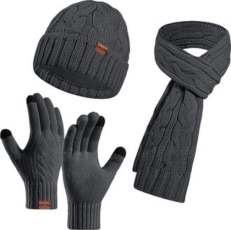 Generic Hat Scarf and Gloves Set Ladies, Winter Beanie Hats with Pom Pom Fleece Lined Warm Thermal, Bobble Hat Touchscreen Gloves Women Scarf Neck Warmer 3 in