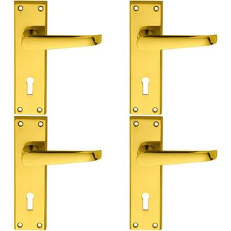 Loops 4x PAIR Straight Victorian Handle on Lock Backplate 150 x 43mm Polished Brass in Metallics