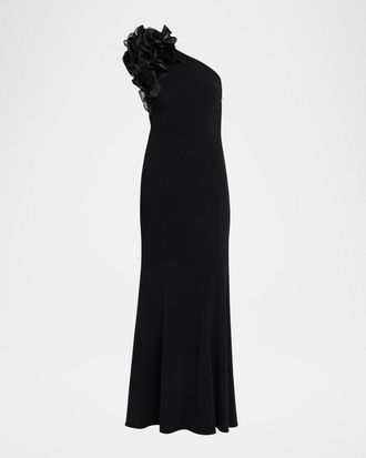 Aidan Mattox One-Shoulder Ruffle Column Gown