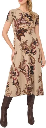 Vince Camuto Paisley Print Midi Sweater Dress in Wooden at Nordstrom, Size Xx-Small