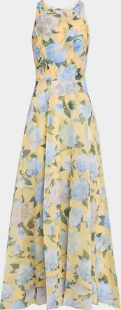 Sachin & Babi Kate Draped Floral-Print Organza Gown
