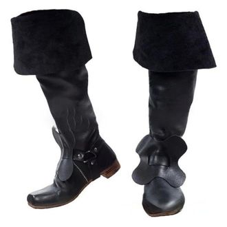 Generic Mens Low Block Heel Medieval Boots Square Toe PU Leather Long Boots Pull on Knee High Boot with Buckle,Black,7.5 UK