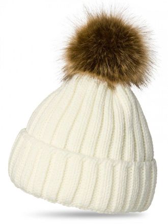 CASPAR Fashion Womens Winter Rib Knitted Hat/Beanie with Chunky Faux Fur Bobble Pom Pom - many colours - MU054, Colour:white