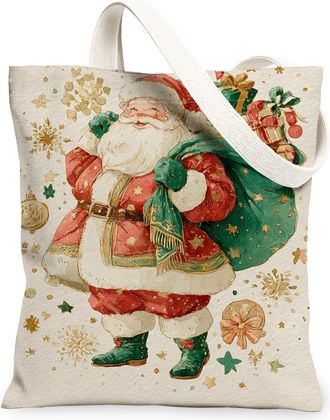 Generic Christmas Santa Canvas Tote Bags, Festive Holiday Design Reusable Shopping Bags, Vintage Style Lightweight Washable Shoulde, Red, 13x15 Inch
