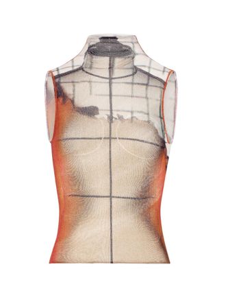 Jean Paul Gaultier White Tulle Tank Top With Fire Print And Draped Lining