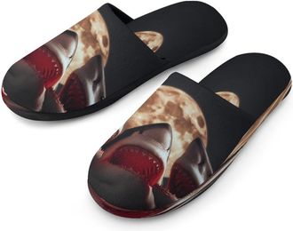 Generic 3 Sharks And Moon Mens Cozy Memory Foam Slippers Warm Cotton House Shoes Comfy Slipper for Indoor Outdoor