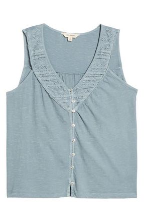 Lucky Brand Lace Trim Sleeveless Cotton Blend Top in Dusty Blue at Nordstrom, Size Xx-Large