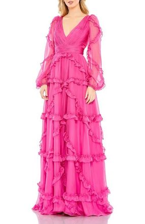 Mac Duggal Cascaded Ruffle Puff Sleeve A Line Gown in Fuchsia at Nordstrom, Size 4